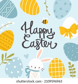 Easter bunny and painted eggs frame of calligraphy text. Happy easter invitation template.