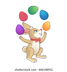 Easter Bunny with Painted Eggs. Happy Easter. Rabbit juggles with eggs.