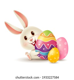 Easter bunny and Easter painted eggs. Isolated. 