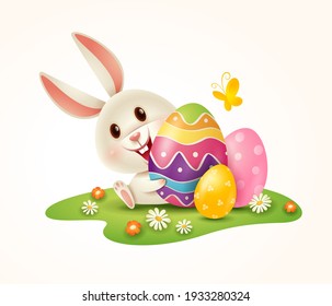 Easter bunny and Easter painted eggs on grass. Isolated. 