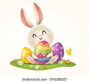 Easter bunny and Easter painted eggs on grass. Isolated. 