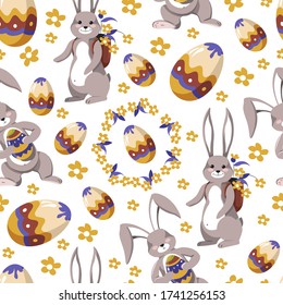 Easter bunny and painted eggs with ornaments, seamless pattern. Rabbit character carrying backpack filled with spring flowers, hare with bouquet in bag. Floral decoration, vector in flat style