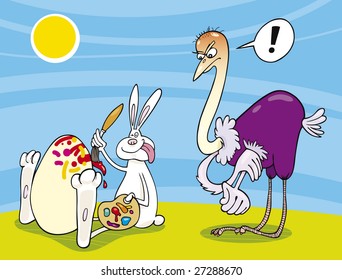 Easter Bunny painting Egg and angry Ostrich