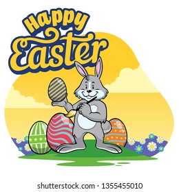 easter bunny painting egg with cartoon style
