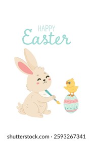 Easter Bunny Painting an Egg with a Cute Chick. Cartoon Illustration for Kids, Stickers, Prints, and Party Decor