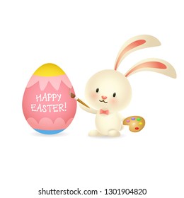 Easter bunny painting egg. Pink rabbit with palette and brush drawing on big egg. Can be used for topics Easter, celebration, holiday
