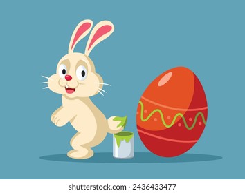 
Easter Bunny Painting an Egg with its Tail Vector Character. Funny holiday illustration of a white rabbit celebrating spring holidays
