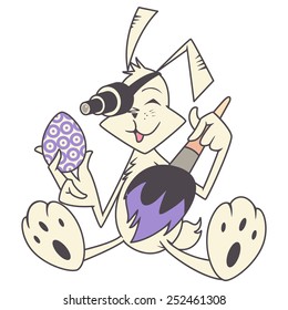 Easter bunny painting egg, vector illustration, isolated white background