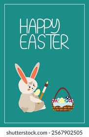 Easter bunny paints an egg with a brush, next to it is a basket with colored eggs on a green background with the inscription Happy Easter - vector illustration for the design of postcards, banners