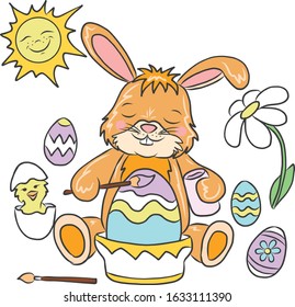 
Easter bunny paints an egg with a chicken