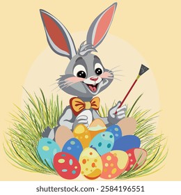 Easter bunny paints Easter eggs with a brush colorful Easter picture