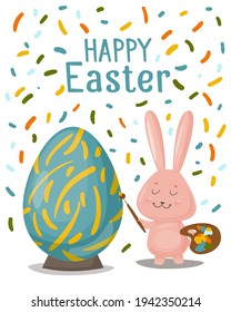 Easter bunny paints eggs. Easter card isolated on white background.
Bunny with a brush, a palette with paints and an egg with a pattern
