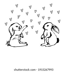 Easter bunny, bunny. A pair of hares in love. Happy easter. Valentine's Day. Coloring book for children and adults. For the design of textiles, wallpaper. Manual graphics. Isolate