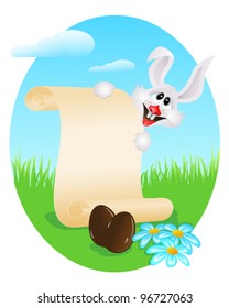 Easter bunny with paper scroll and chocolate eggs on a meadow