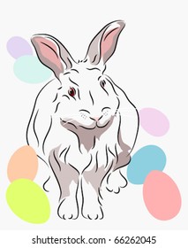 Easter bunny with pastel eggs on light gray background