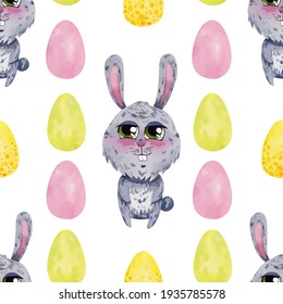 Easter bunny pattern with colorful eggs. Happy Easter seamless texture for packaging paper, cards, textile design.
