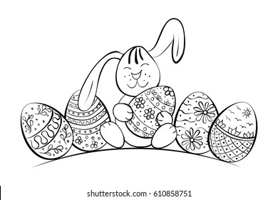 Easter Bunny with patterned eggs. Rabbit sits and holds in paws an egg . Black and white vector illustration. For children's coloring, cards, anti-stress therapy.