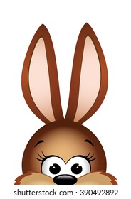 Easter bunny peeking out from the bottom edge of the postcard. Happy Easter card.