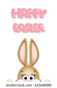 Easter bunny peeking out from the bottom edge of the postcard. Happy Easter card