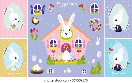 Easter bunny peeking out of the house card set vector illustration decoration decor kids party holidays