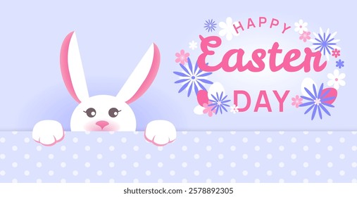 Easter bunny peeking over a polka dot surface with a "Happy Easter Day" greeting surrounded by floral decorations. Perfect for greeting cards, holiday banners,invitations, festive decorations.Vector