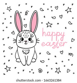 Easter bunny with a phrase "Happy Easter". Vector doodle card. Drawn by hand. Line drawing
