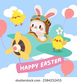 Easter Bunny Pilot Flying a Plane with Cute Chicks. Happy Easter Bunny Soaring in the Sky with Balloons and Chicks.