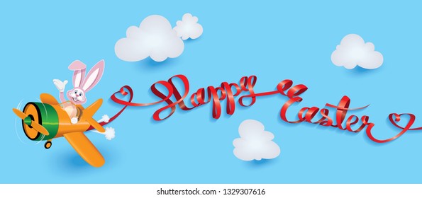 The Easter Bunny is piloting an orange plane with red decorative paper text of ribbon -Happy Easter-