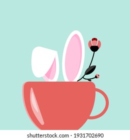 Conejo de Pascua con café rosa y flor.Tarjeta de felicitación con fondo azul claro con fotocopiadora.Tarjeta de felicitación y café