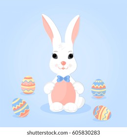 Easter Bunny with pink ears in a blue bow and paschal eggs.