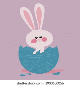 
Easter bunny with pink ears, broken egg. Happy Easter vector illustration isolated on light background. Use for postcard or web