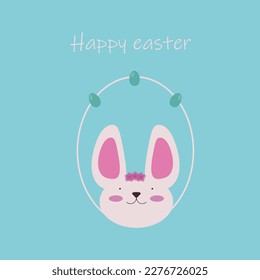 Easter Bunny with pink ears, with Easter eggs, in a frame on a blue background. Happy easter greeting vector flat illustration eps 10.