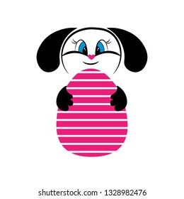 Easter Bunny with pink egg with stripes on a white background. Sign, symbol, postcard.