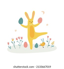 Easter bunny playing with eggs isolated on white background. Rabbit animal for card, invitation, banner or flyer. Vector flat hand drawn illustration.