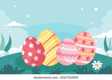 Easter, bunny playing in the forest with trees and plants in the background, vector illustration