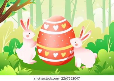 Easter, bunny playing in the forest with trees and plants in the background, vector illustration