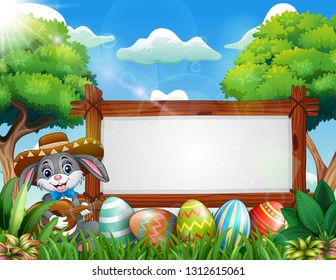 Easter bunny playing guitar near blank sign and easter egg