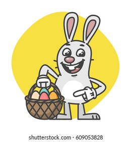 Easter Bunny Points on Basket with Eggs. Vector Illustration. Mascot Character.