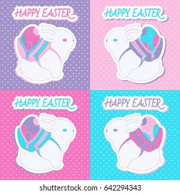 Easter bunny postcards. Collection of Easter bunny with egg. Rabbit with a backpack. Easter rabbit. Violet, pink and blue easter pattern.