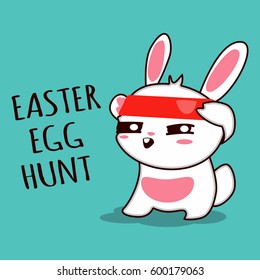 Easter bunny poster design with text "Egg hunt". Vector cartoon illustration isolated on background. Cute rabbit character for the holiday.