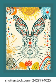 Easter bunny poster. Postcard Happy Easter . hand drawing. Not AI. Vector illustration