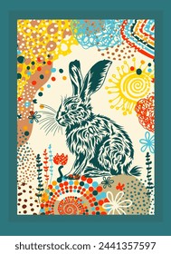 Easter bunny poster. Postcard Happy Easter . hand drawing. Not AI. Vector illustration.