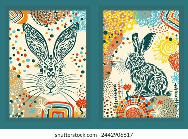 Easter bunny poster. Postcard Happy Easter . hand drawing. Not AI. Vector illustration.