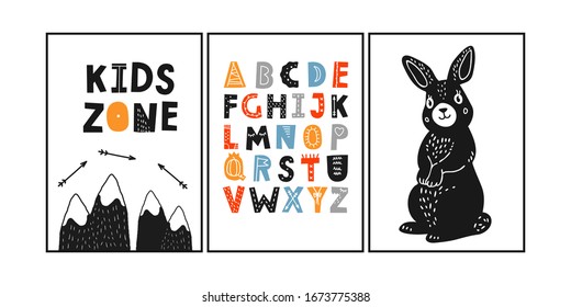 Easter bunny poster. Spring landscape with mountains. Baby shower font. Scandinavian children room triple poster. Kids zone alphabet. Nursery wall art. Rabbit hand drawn illustration.