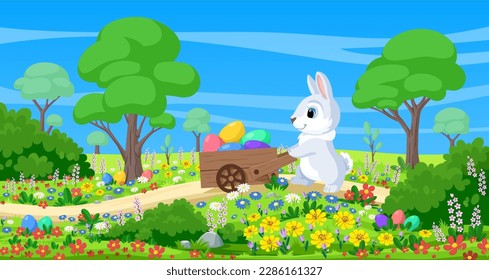 Easter bunny is pulling cart with Easter eggs across a spring field with flowers. Vector illustration for Easter cards, posters, invitations and second designs. Landscape panorama of meadow