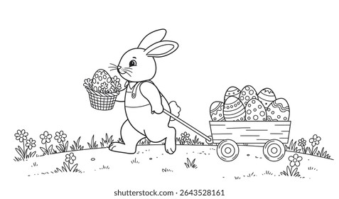 Easter Bunny Pulling Wagon Full of Decorated Eggs Outline Festive Spring Character Task Line Art Design