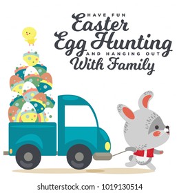 Easter bunny pulls a car with truck, decorated eggs hunter cute white rabbit auto hunting, happy holiday vector greeting card, spring hare isolated illustration