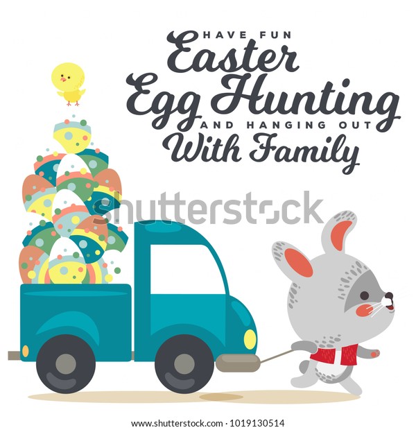 Easter bunny pulls a car with\
truck, decorated eggs hunter cute white rabbit auto hunting, happy\
holiday vector greeting card, spring hare isolated\
illustration