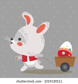 Easter bunny pulls a cart with cute white rabbit holding decorated eggs, happy holiday hunter vector greeting card, spring hare isolated illustration.