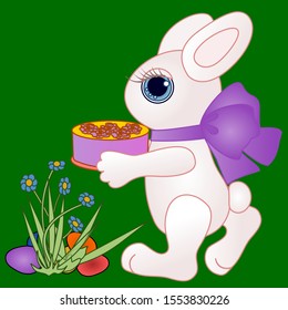 Easter bunny with a purple bow on his neck walks near the flowers, under which colored eggs lie, and holds a cake in his paws, vector clip art on a green background